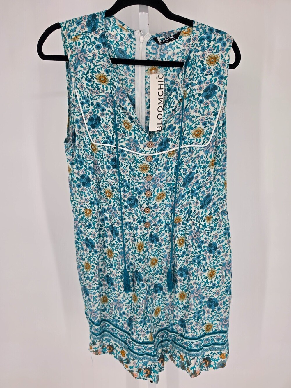 Bloomchic Womens Sz 12 Sleeveless Romper Bright Blue Floral Print NEW